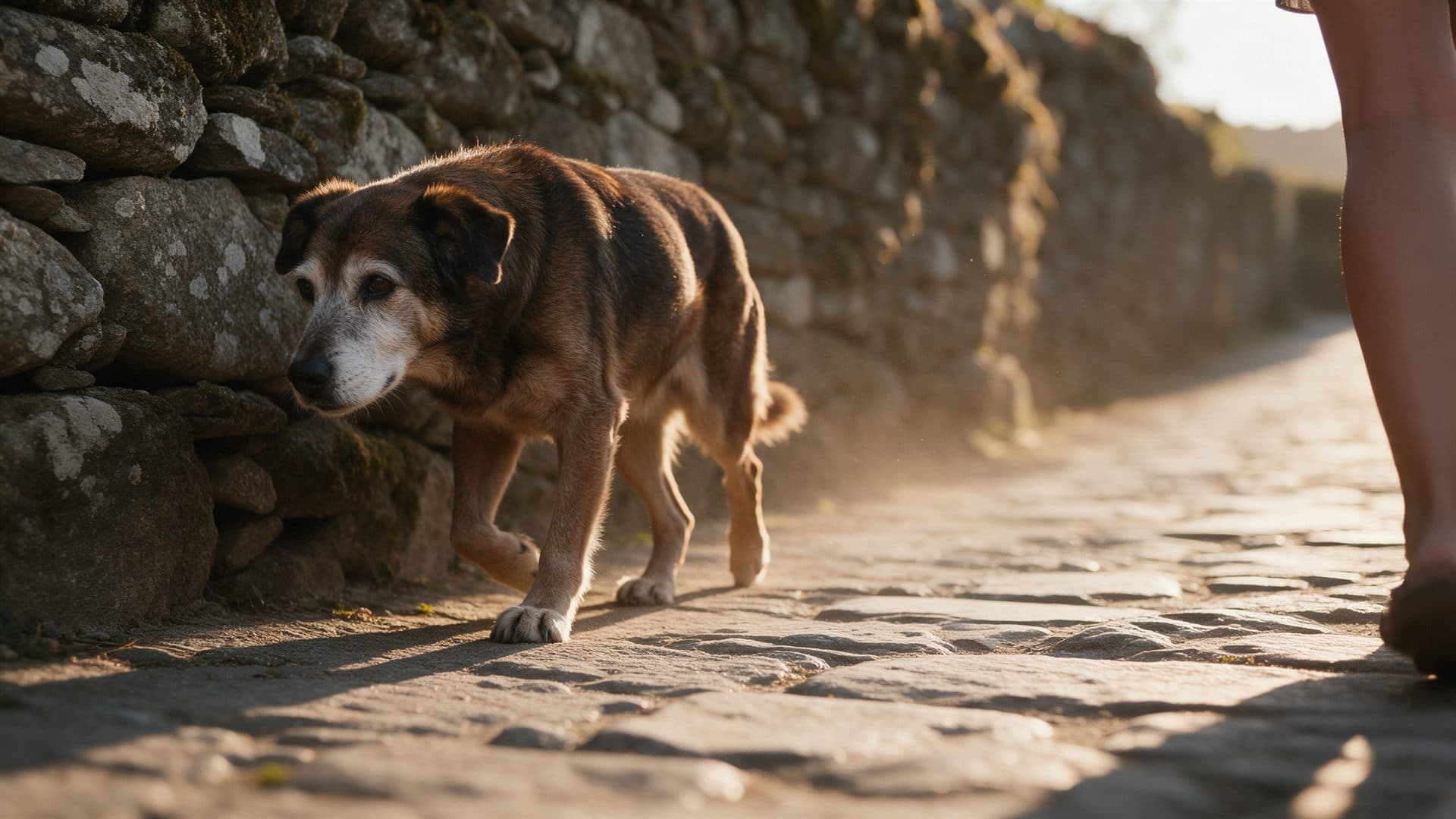 Perro senior disfrutando de un paseo tranquilo en Ourense