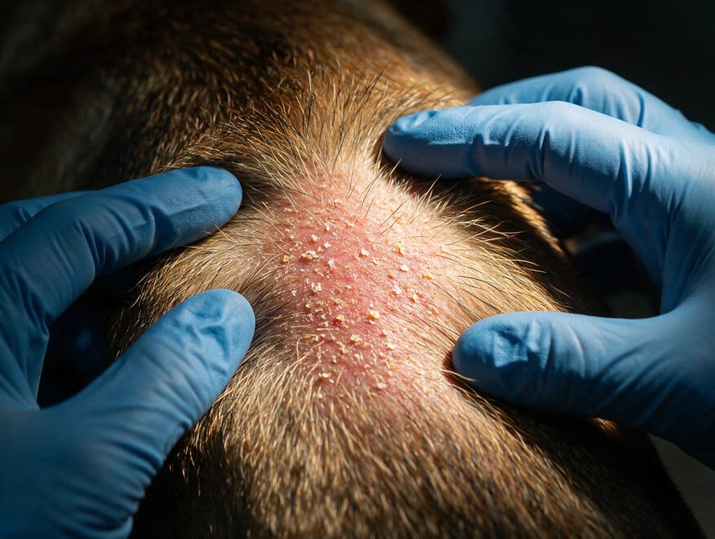 Veterinaria revisando la piel de un perro con síntomas de leishmaniosis en Ourense